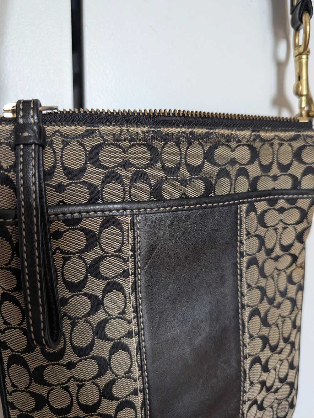 Coach Signature Monogram Crossbody Bag in Canvas and Black Leather Adjustable